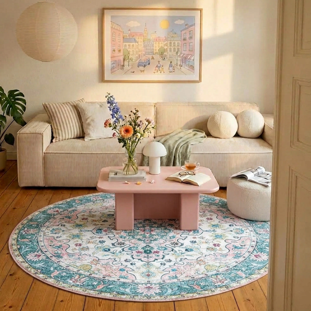 Round Vintage Rug - Lily Oriental Blue/Pink