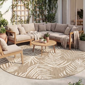 Dywan zewnętrzny okrągły - Malta Leaves Naturalny