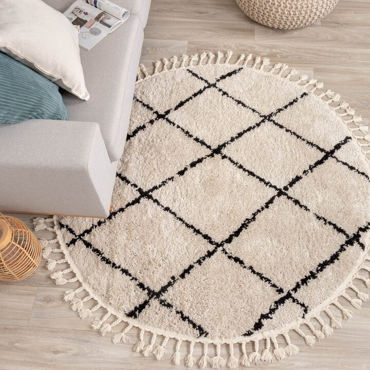 Okrągły dywan z długim włosiem – Grand Wire Weave kremowo-czarny - 3