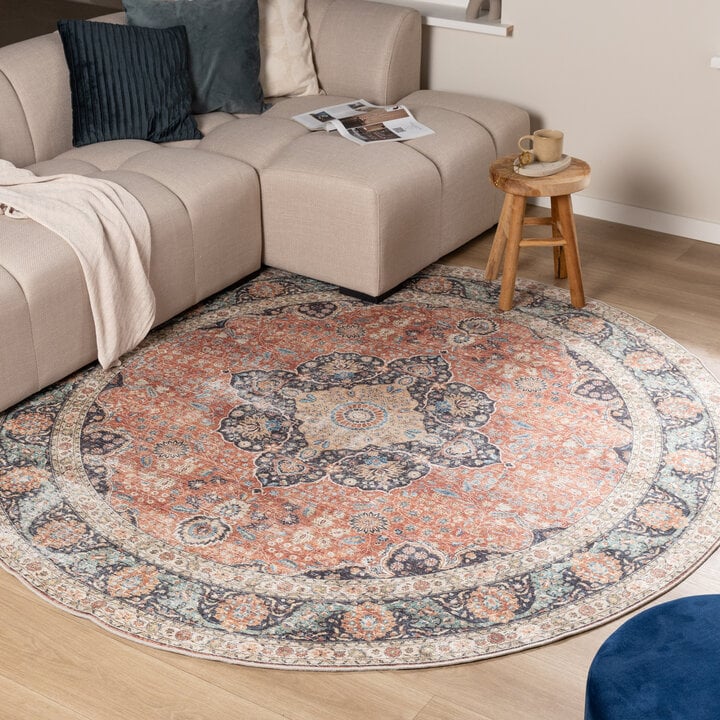 Dywan zewnętrzny okrągły - Cairo Medallion Terakota/Ciemnoniebieski